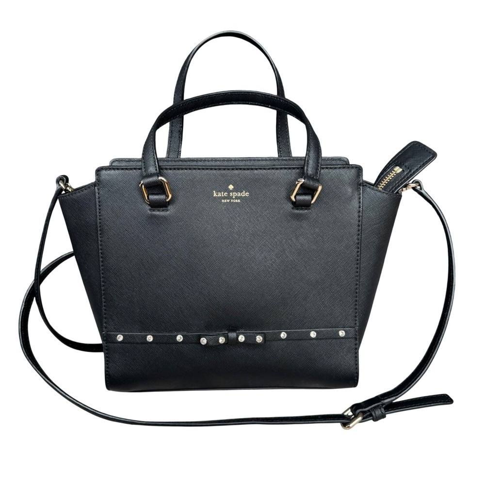 Kate Spade Black Saffiano Leather Laurel Way Jeweled Bow Small Hadlee 0102760